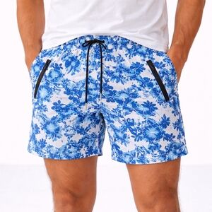 Coofandy Blue Floral Swim Trunks Small NWT Short Length Zip Pockets